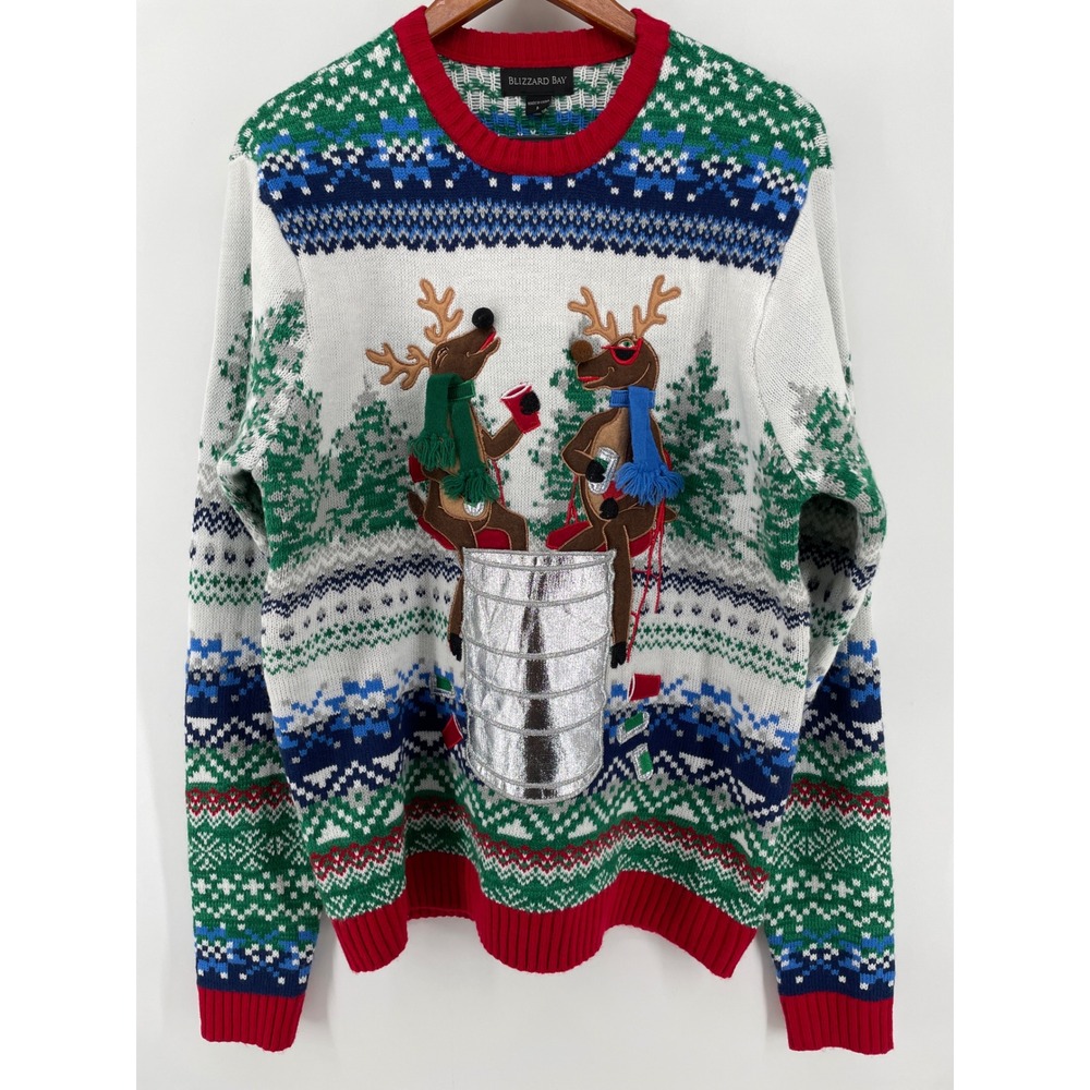 Ugly Christmas Sweater Mens Large White Reindeer Keg Stand Holiday Party Novelty